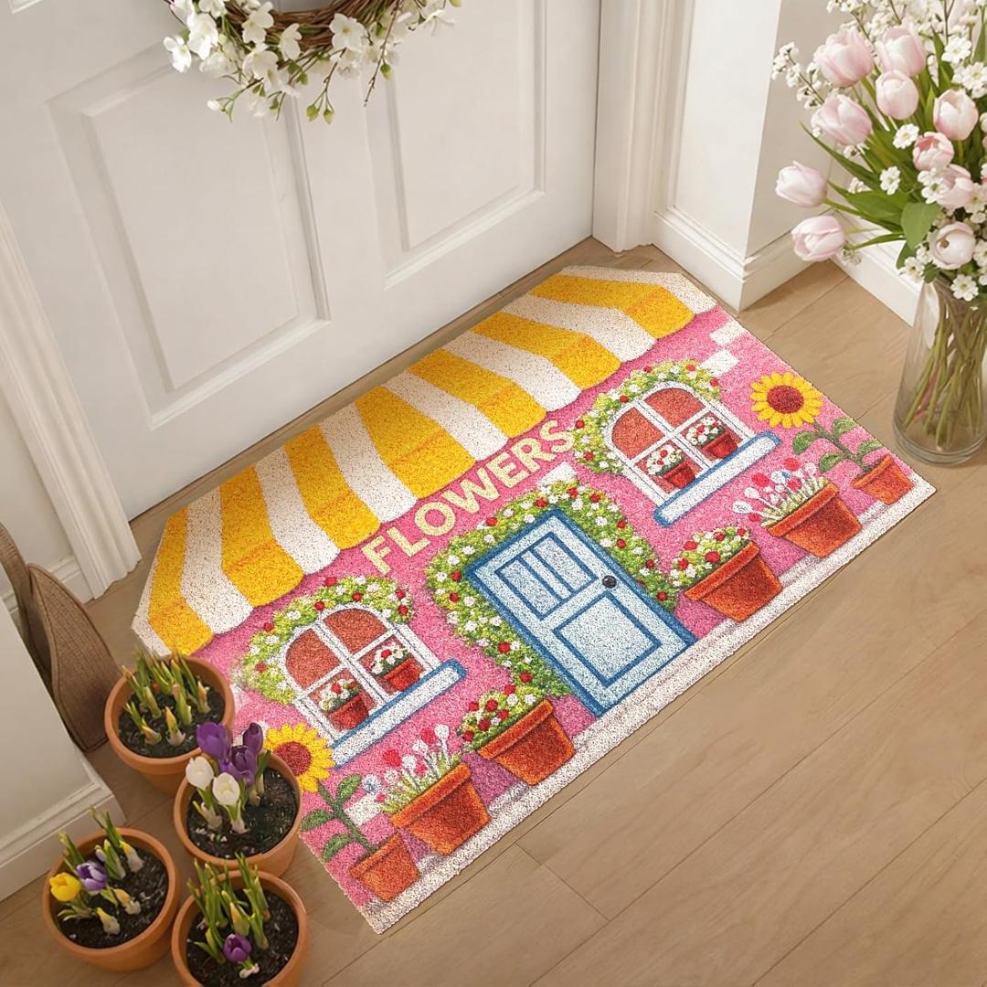 Tinideya Spring Doormat Flower Shop Welcome Door Mat 27.6 x 15.7 Inch Cute Floral Cottage Mat with Sunflower Windows Artificial Coir Non Slip Entrance Rugs for Home Indoor Outdoor Front Bathroom Decor