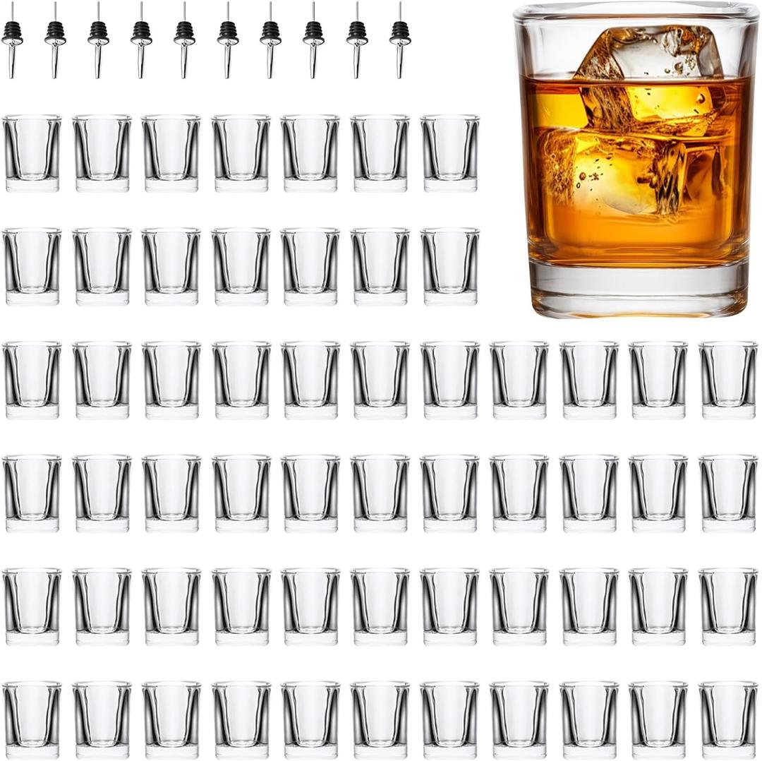 60-Pack 2.2oz Heavy Base Square Shot Glasses Bulk with 10 Pourers,Clear Glass Shooters Set for Tequila,Whiskey,Espresso, Party Favors,Wedding And Birthday Gifts