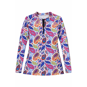 Halcurt Women Plus Size Long Sleeve Rash Guard with Bra Pockets Half Zip Swim Shirt Side Drawstring Adjustable UPF50 Swimsuit Top Leaf Shirt 2X 