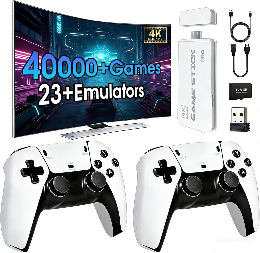 2026New Retro Game Console,40000+Games and 23 Emulators, with Dual 2.4G Wireless Controllers, Plug and Play 4K HD HDMI TV Game Stick, White