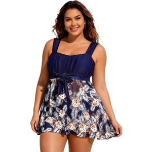 Plus Size Tankini Swimsuits- Women Two Piece Tankini Top with Shorts Flowy Swimsuit Bathing Suits with Shorts (Blue, XL)