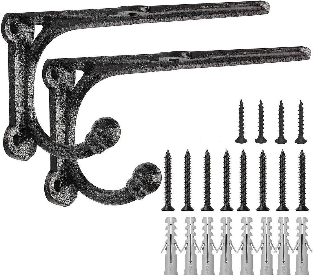 Shelf Brackets with Hooks 6 Inch, Heavy Duty Floating Shelf Bracket, Cast Iron Shelving Brackets for DIY Wall Shelves, Rustic Shelf Brackets, 2 Pack