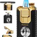 5-in-1 Torch Lighter with V Cutter, Punch, Holder, Draw Enhancer Tool, and Triple Windproof Jet Flames, Butane Lighter with Gift Box, Cool Accessories for Men (Butane not Included) (Black & Gold)