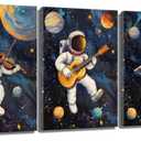 3Pcs Nursery Space Astronaut Canvas Wall Art Cute Astronaut Musician Decor Pictures Music Funny Piano Guitar Violin Posters Prints for Boys Room Girls Room Kids Room Decoration, 24L" x 16W"
