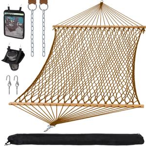 SUNCREAT Portable 2 Person Hammock with Carrying Bag, Tree Hooks, Magazine Bag, Bottle Holder, Heavy Duty Hanging Tree Hammock, Brown