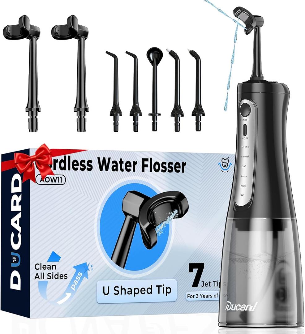 Cordless Water Flosser for Teeth, U-Shaped Flossing 360 Deep Clean, 5 Modes 7 Jet Tips for Adult & Child, Portable Rechargeable Dental Flosser Pick for Braces, Travel, 350ML Large Tank (Black)