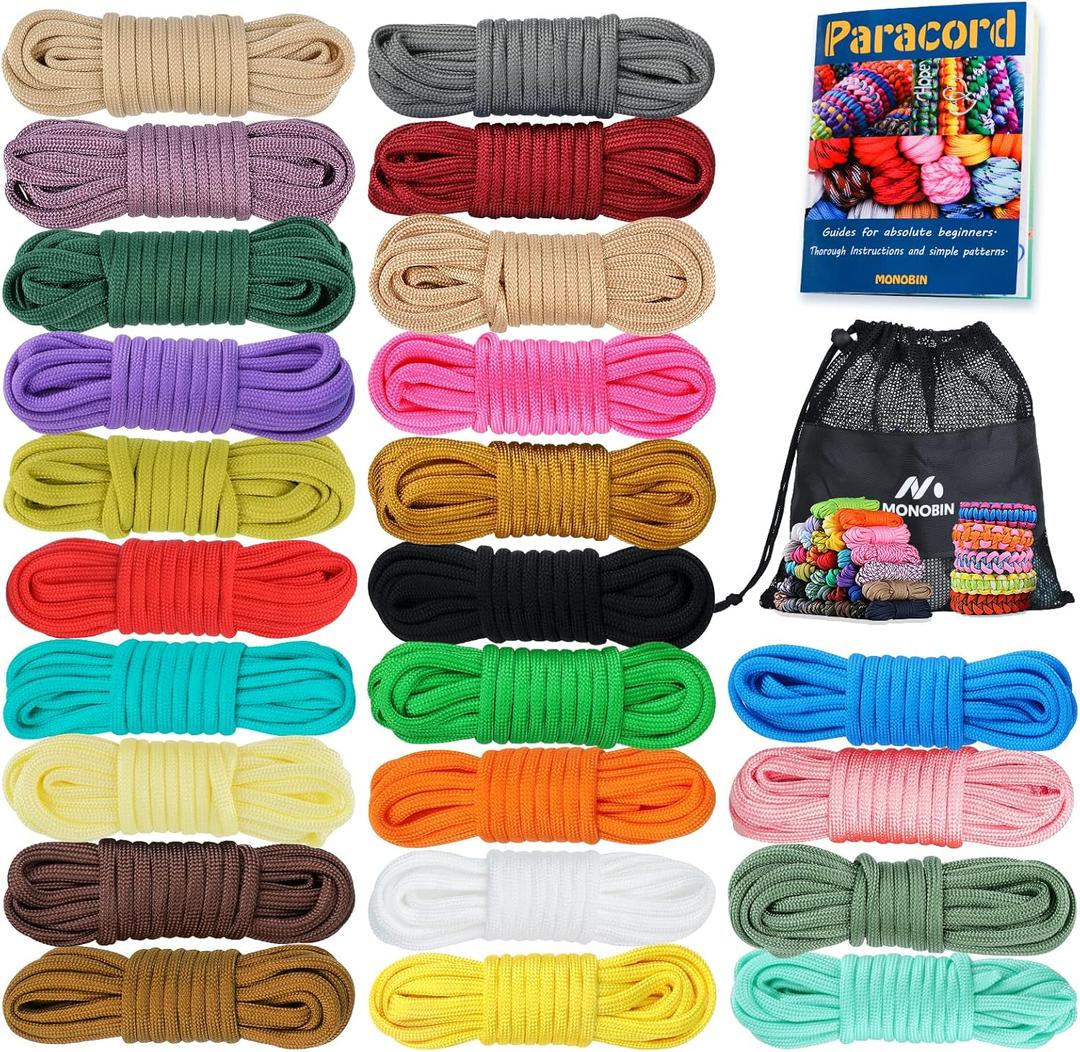 MONOBIN Paracord 550 Combo kit, 24 Colors 10ft Paracord Rope with Instruction, Multifunction Parachute Cord for Making Paracord Bracelets, Lanyard, Dog Collar, Idea for Gift