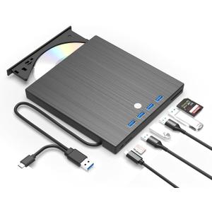 9 in 1 External CD DVD Drive, USB 3.0 and Type-C Disc Reader Writer Burner Player,Slim and Portable CD DVD +/-RW Optical Drive for PC Laptop Desktop MacBook Mac Windows Linux OS Apple