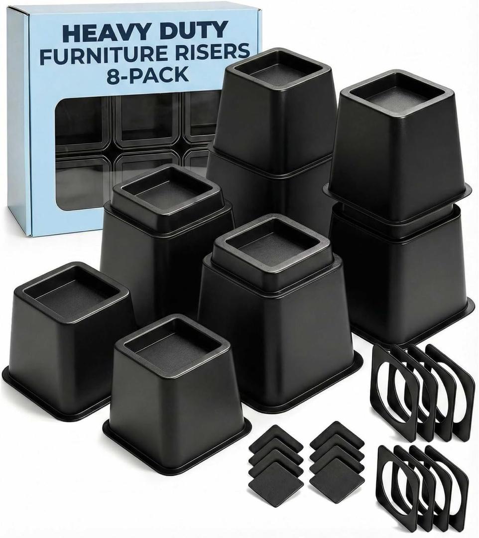 Bed Risers - 3 & 5 Inch Adjustable Furniture Risers or 8 Inch Combined - Heavy Duty for Couch, Table, Dorm, Sofa, Chair & Table - Bed Support Legs for Height, Supports Up to 1,300 lbs (8 Pack, Black)