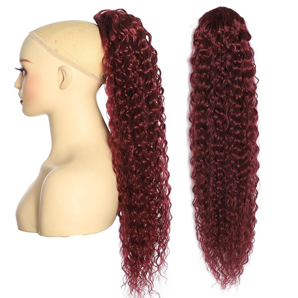 Deep Wave Ponytail Extension for Women 24 Inch Wine Red Curly Wavy Ponytail Hair Extensions Drawstring with Clips Short Synthetic Hairpiece for Daily and Party