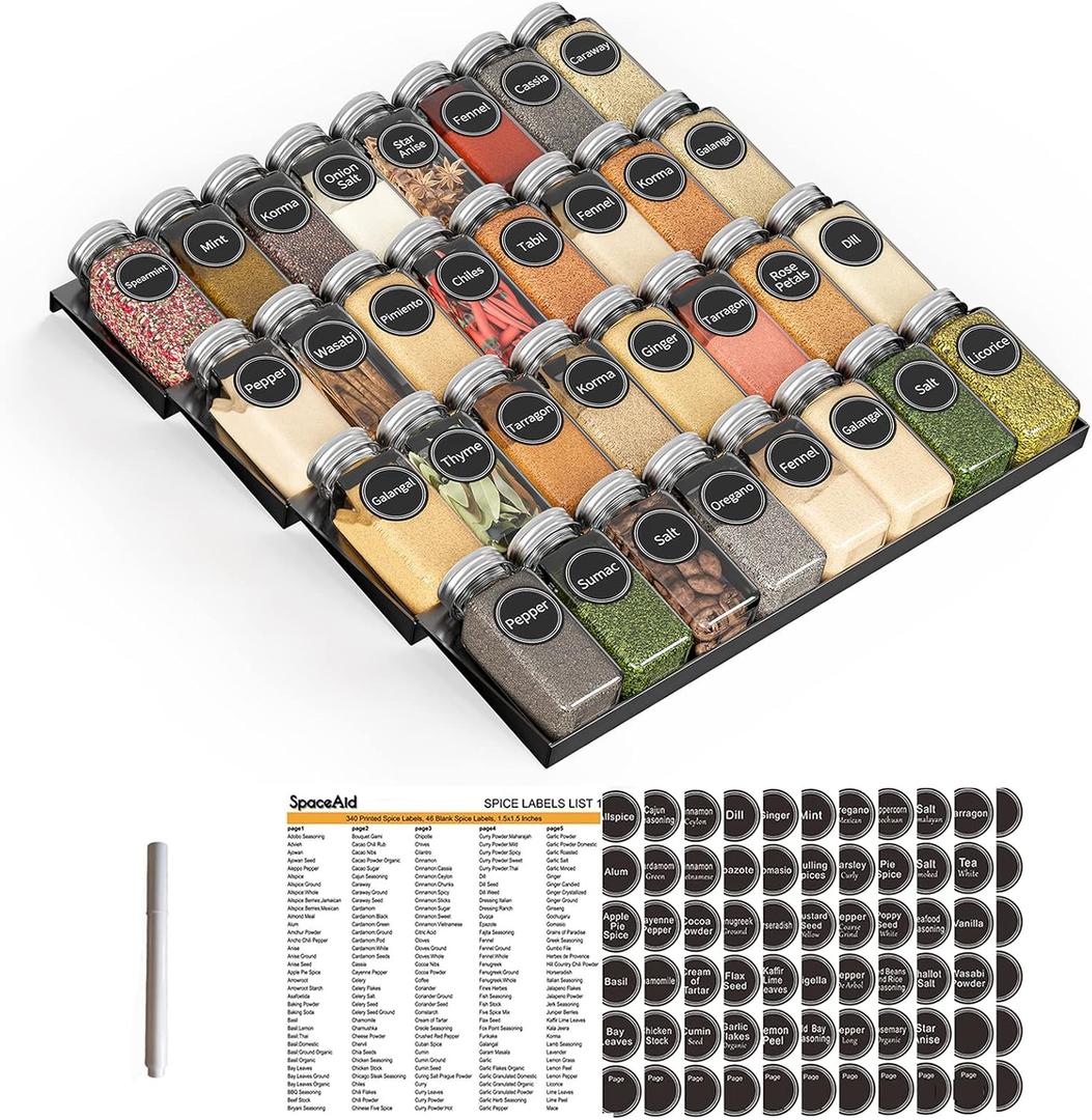 SpaceAid Spice Drawer Organizer with 32 Spice Jars, 386 Spice Labels, 4 Tier Seasoning Rack Tray Insert for Kitchen Drawers, 15" Wide x 17.5" Deep