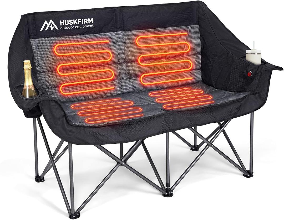 Huskfirm Heated Double Camping Chair, Heated Camping Chair with 3 Adjustable Temperatures and 4 Heating Zones,Portable Heated Chairs Outdoor Sports Support 650lbsBattery Not Included