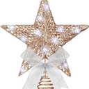 Sumind 9.8 x 11.8 Inch Christmas Star Tree Topper Glittered Star Metal Plug in Treetop Ornaments with Bow and 30 LED String Light for Christmas Tree Indoor Holiday Party Decoration(Champagne), 12 inches x 10 inches x 8 inches