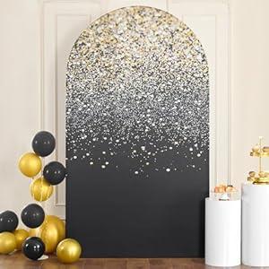 7.2FT Spandex Arch Backdrop Black Gold Sparkling, Wrinkle Free Fitted Background Cover, Glitter Gold Dot Chaira Arch for Wedding Photography Birthday Baby Shower