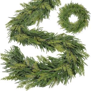 Extra Thick&Lush - 6Ft by 12 Inch Christmas Garland Norfolk Pine Garland, Real Touch Cedar Garland, Realistic Soft 120 Branch Tips Pine&Cedar Faux Greenery Cypress Garlands for Mantle Outdoor Indoor