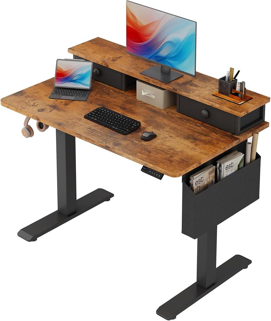 Electric Standing Desk Adjustable Height - 40 Inch Sit Stand Desk with Storage Drawers , Small Standing Desks with Shelf Monitor Stand, Kids Girls Computer Desks for Bedroom Home Office, Rustic Brown, 39.4''