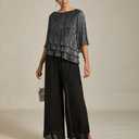 Women's 3/4 Sleeve Sparkle Tops Ruffle Shiny Blouses for Women Dressy Casual Pleated Layered Flowy Chiffon Shirt (S)