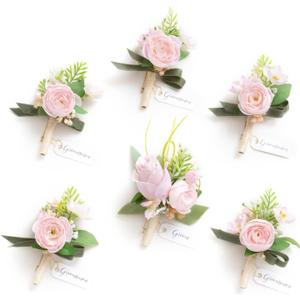 Ling's Moment Boutonniere for Men, 6pcs Groom Groomsmen Boutonniere, Artificial Flowers for Wedding Decor/Prom/Homecoming, etc.Blush Pink