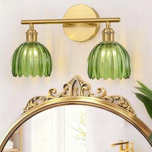Gold Bathroom Light Fixtures Over Mirror, 2 Light Bathroom Vanity Light with Tulip Green Glass Lampshade, Vintage Vanity Lights for Bathroom Living Room Hallway