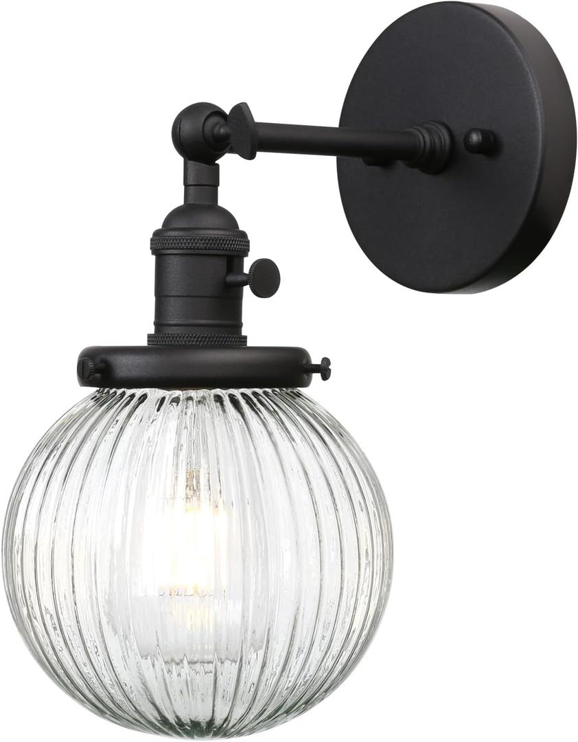 PERMO Vintage Industrial Wall Sconce Matte Black Single Wall Sconces with 5.9" Round Clear Globe Ribbed Glass Shade Hardwired Wall Light for Bedroom Living Room Office