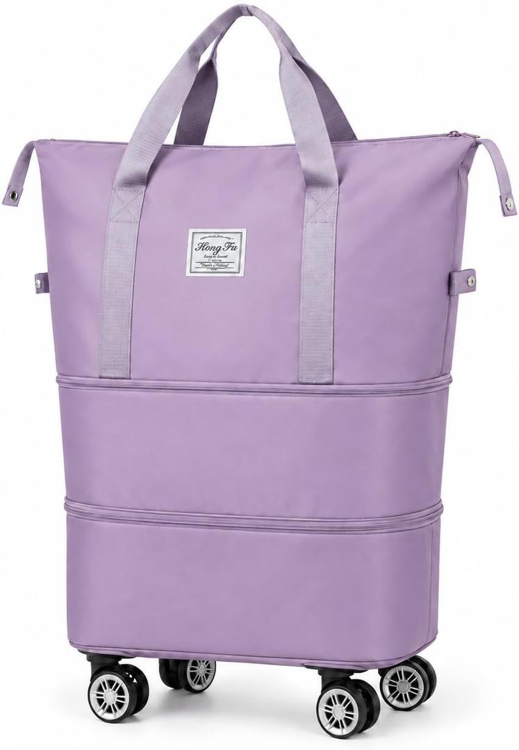 Expandable Rolling Travel Bag with Detachable Wheels, Purple, Approximate bag-body heights are 11.8, 18.5 and 24.8 inches, excluding handles and wheels. The base is 15.7 inches wide and 8.7 inches deep