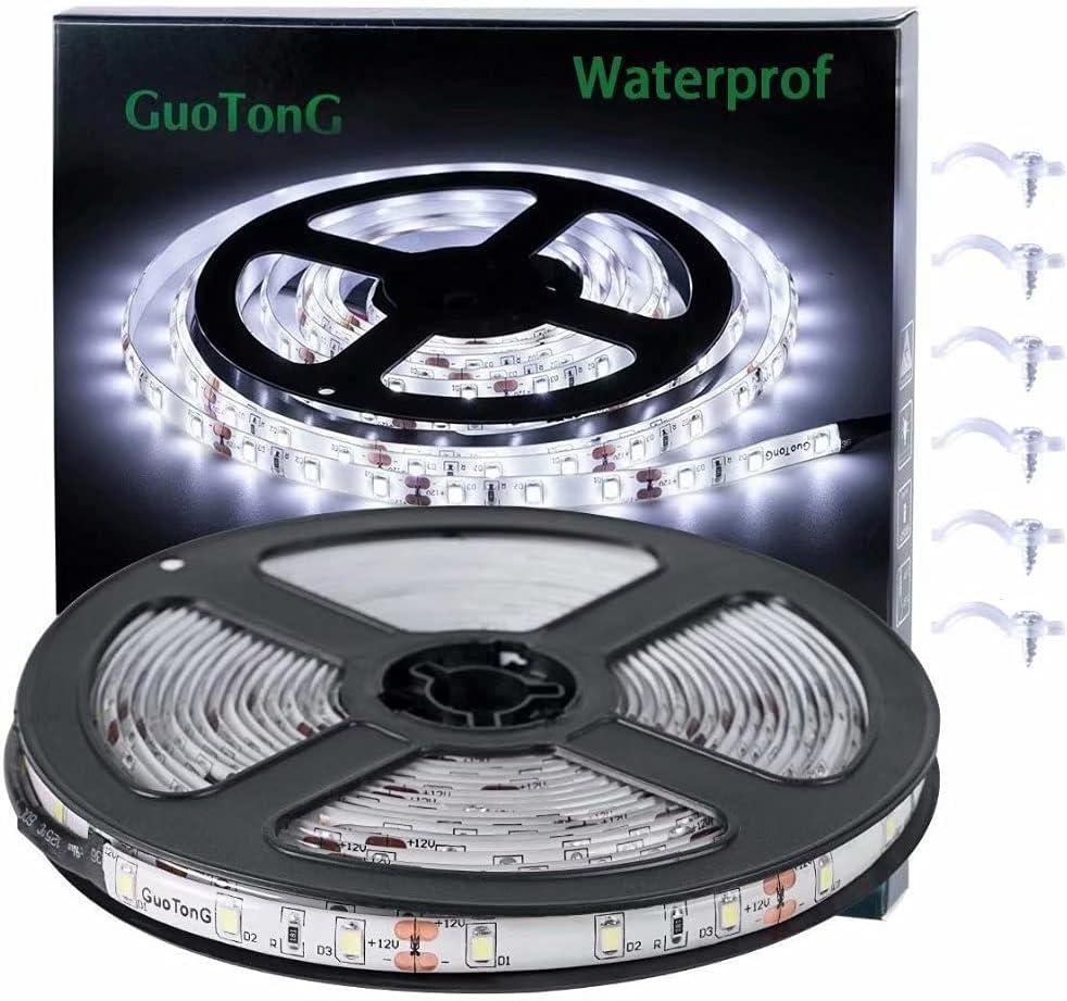 16.4ft/5m White LED Strip Lights, Waterproof & Cuttable 300 SMD 2835 Tape, 6000K 12V Flexible Ribbon for Kitchen, Cabinet, Indoor/Outdoor Lighting (No Power Supply)