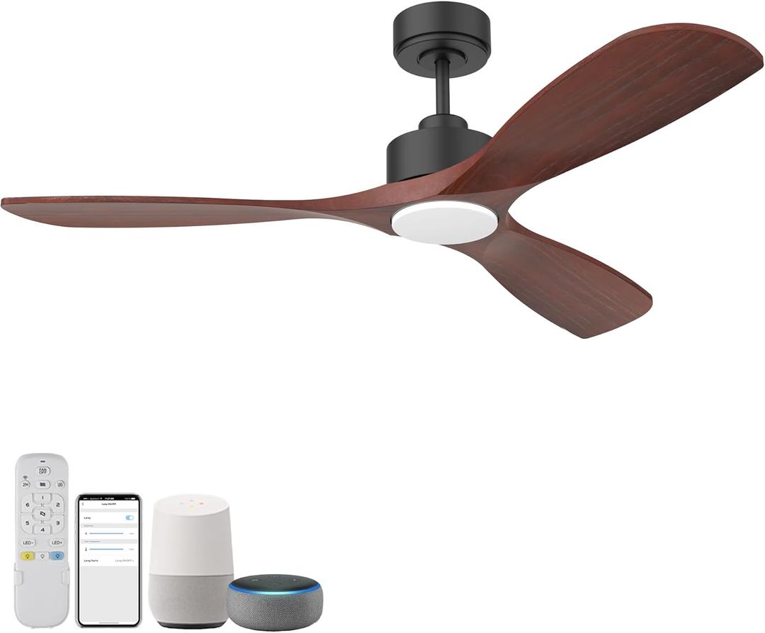 52 Wood Smart Ceiling Fans with Lights Remote,Quiet DC Motor,Outdoor Indoor Ceiling Fan,Voice Control via WIFI Alexa App,Dimmable,Modern Black Lighting& Ceiling Fan for Bedroom Patio Porch