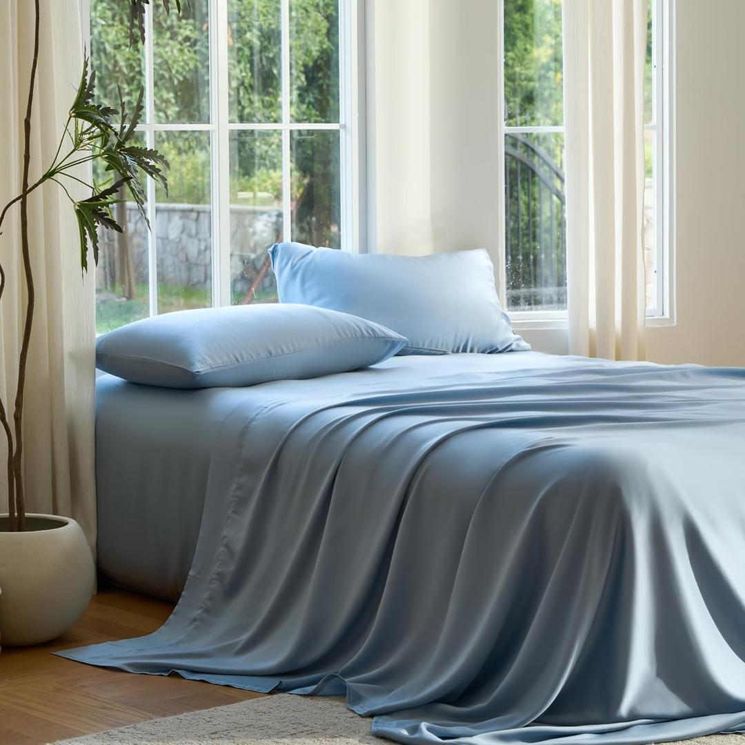 DOZ Sheet Set, 100% Viscose derived from Bamboo, Organically Grown, Buttery Soft, Cooling Sheets, High GSM, Deep Pockets - 3 Piece - 2 Pillowcases 1 Fitted Sheet (Sky, King)
