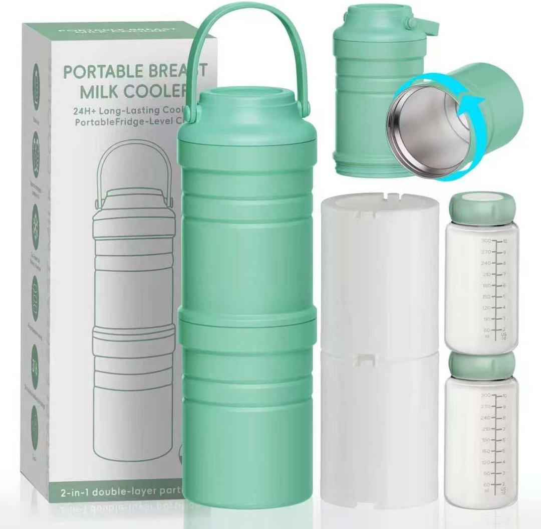 Portable Breast Milk Cooler Bottle, 2-in-1 Detachable Travel Breastmilk Chiller, 2 Copper-Plated Liner Breastmilk Storage for 36H, 360° Total Cooling Milk Chiller Bottle with 2 Bottles-22oz