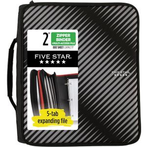 Five Star Zipper Binder, 2 Inch 3-Ring Binder with Round Rings, 5-Tab Expanding File, 380 Sheet Capacity, Black (72536)