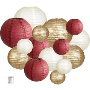 Paper Lanterns Party Decorations, Round Hanging Paper Lanterns Decorations for Graduation Bachelorette Wedding Birthday Party Supplies Maroon/Gold/Ivory 15pcs