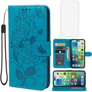 Case for iPhone 14 Pro Max Wallet Case with Tempered Glass Screen Protector, Flower Leather Flip Credit Card Holder Stand Phone Cover Cases for iPhone 14 Pro Max Blue