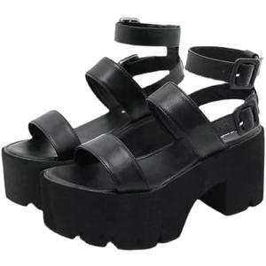 Agodor Women's Goth Black Platform Sandals Ankle Strap Chunky High Heels Open Toe Slingback Roman Gladiator Shoes 43