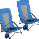 SONGMICS Set of 2 Portable Beach Chairs for Adults, Max. Load 330 lb Each, High Backrest, Cup Holder, Lightweight, Heavy-Duty, Blue UGCB067Q02V1