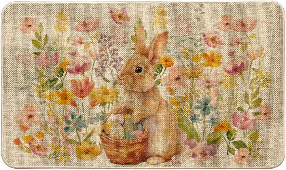 Artoid Mode Rabbit Bunny Eggs Flowers Basket Easter Doormat, Home Decor Low-Profile Switch Rug Door Mat Floor Mat for Indoor Outdoor 17x29 Inch