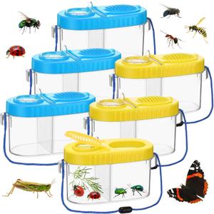 6 Pack Bug Catcher Kit for Kids Bulk Insect Habitat Viewer with Magnifying Glass Vents Portable Bug Collection Cage with Lanyard Nature Outdoor Explorer Set for Boys Girls Birthday Gift(Yellow，Blue)