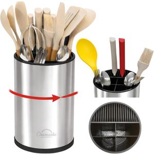 3-in-1 Kitchen Utensil Holder for Countertop with Knife Block and Silverware Caddy. (Silver)