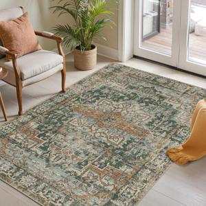 Rugxara 3x5 Rug for Entryway Bedroom, Green 3x5 Washable Area Rug, Vintage Retro Boho Throw Rug, Non Slip & Low Pile Small Carpet for Indoor Kitchen, Bedside, Living Room, Bathroom and Dining