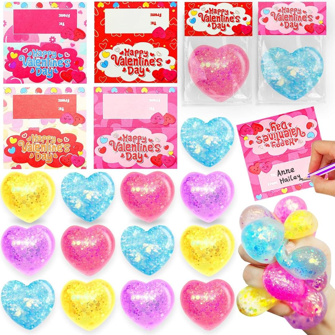 28 Pack Valentines Day Gifts for Kids with Heart Glitter Stress Balls Valentines Day Cards for Kids School Stress Relief Squeeze Toys for Teens Boys Girls Valentine Classroom Exchange Party Favors