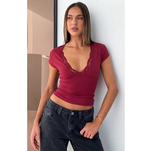 omen's Short Sleeve Sexy Lace Trim V-Neck Daily Basic Burgundy Tees Trendy Y2K Clothing Spring Summer Going Out Casual Vacation Slim Fit Cute Crop Tops (S, Burgundy)