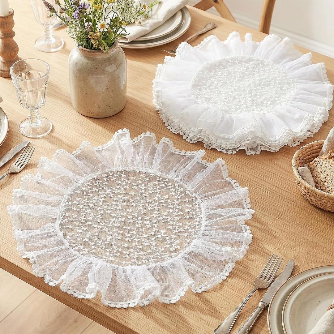 Tegeme 6 Pack Retro Lace Placemats French Ruffled Doilies 16 Inch Round Embroidered Flower Cup Mat Farmhouse Decoration for Cake Dessert Dining Table Wedding Birthday Party(White,Lace)
