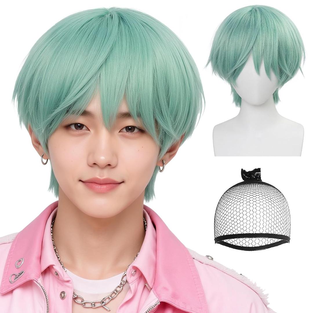 Light Green Wig Men Short Green Wigs Fluffy Cyan Green Cosplay Wig Animated Characters for Cosplay Costume Outfit Halloween Dance Stage Party Daily Use + Hair Cap