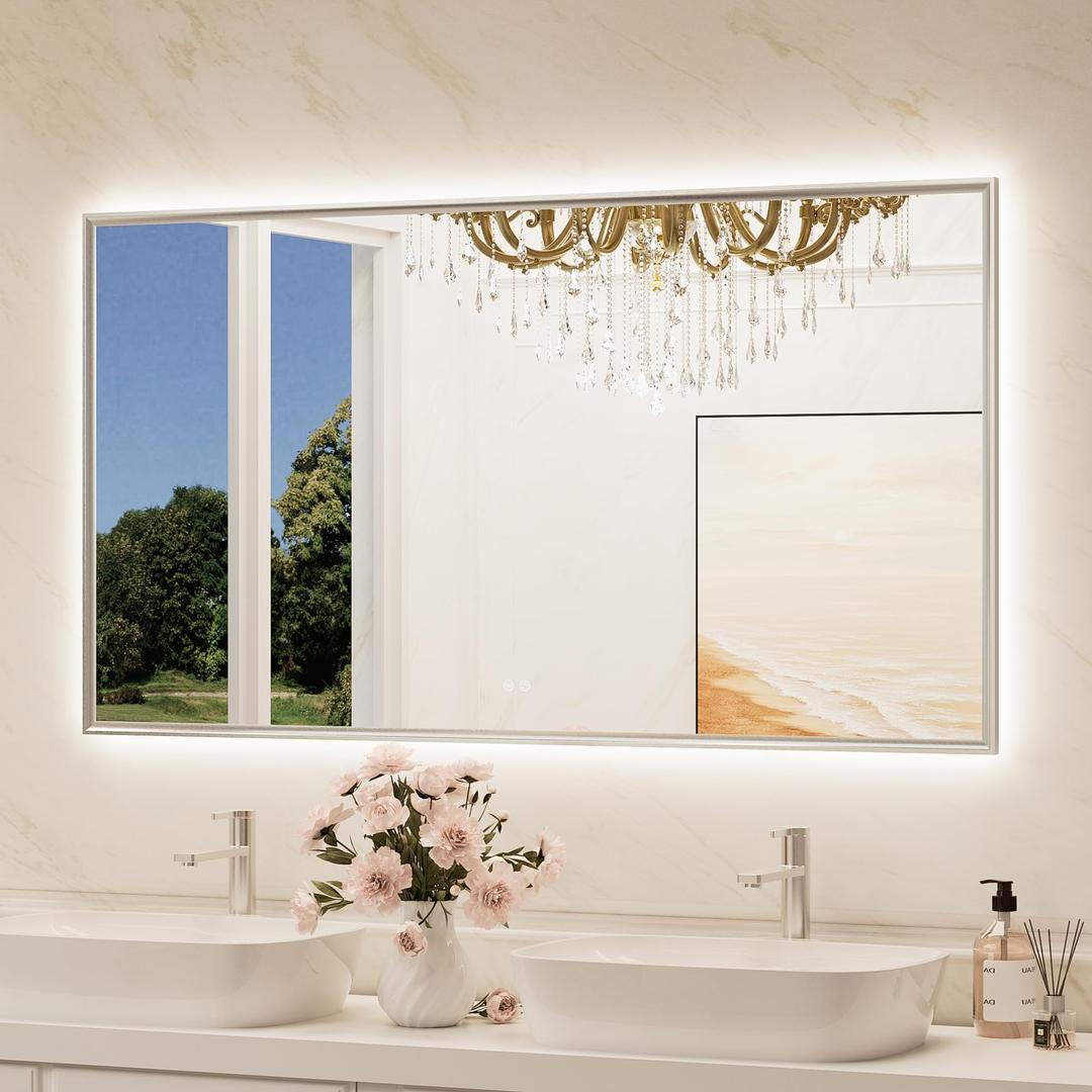 TokeShimi 55"x 30" Bathroom Mirror Backlit with Brushed Nickel Frame, Dimmable Backlight LED Lighted Vanity Mirror with Shatter-Proof, Memory, 3 Colors, Anti-Fog Mirror with HD Tempered Glass