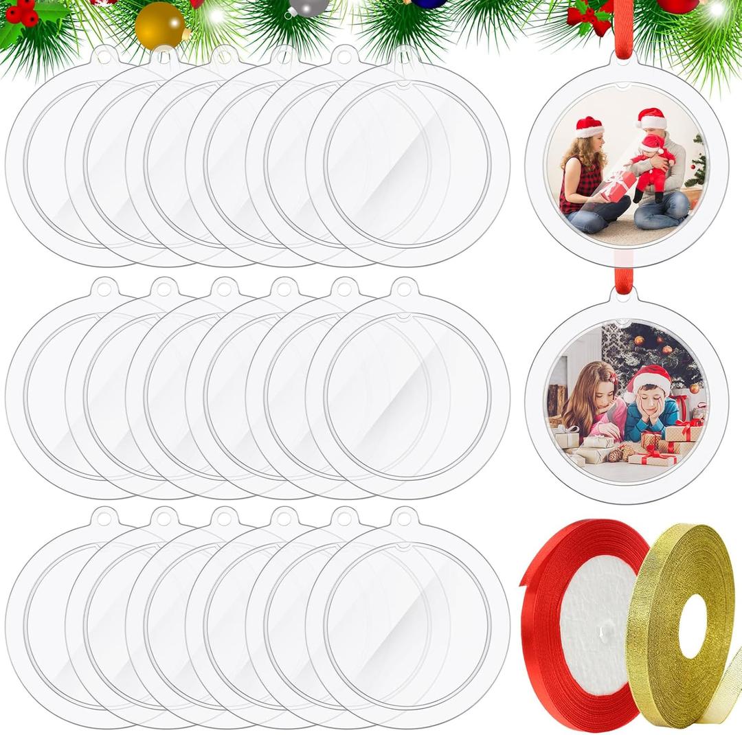 20 Pcs Christmas Clear Round Frame Ornaments with Red Ribbon and Glitter Gold Ribbon, 2.76 Inch Blank Round Photo Frame Bulk, Hanging Photo Ornaments for Christmas Tree Decoration