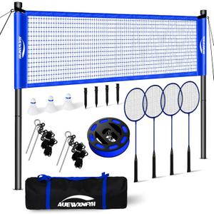 Portable Badminton Set, Heavy-Duty Outdoor Net with 4 Rackets, 3 Shuttlecocks & Boundary Line for Backyard Lawn Beach Family Games