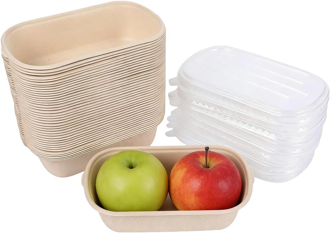 50 Pcs Disposable Paper Bowls with Lids, 33oz Rectangle Disposable Paper Meal Prep Containers, Sugarcane Fiber Paper Bowls for Burrito, Salad, Taco, Chipotle, Pasta, Nacho (50 Bowls 50 Lids)