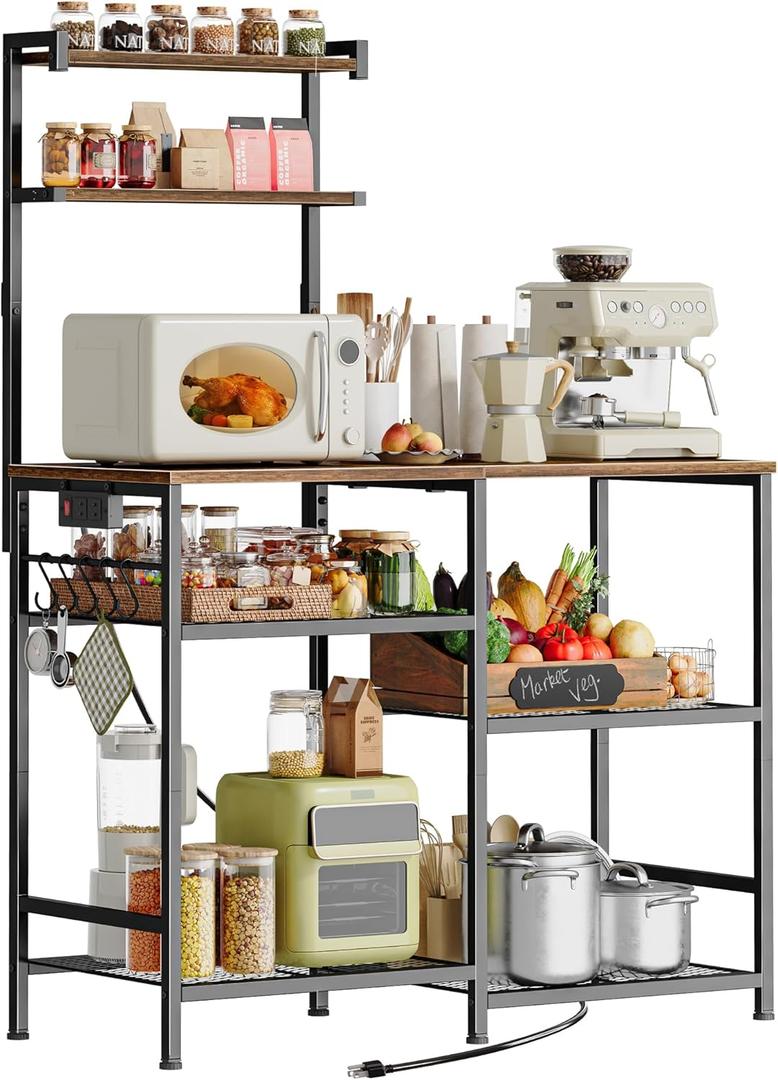 Huuger 39.4 Inch Bakers Rack with Power Outlets, Kitchen Microwave Stand with Storage, Coffee Bar with 4 Hooks, 3-Level Height Open Shelves, Rustic Brown