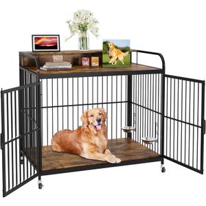 Dog Crate Furniture with Adjustable Height Feeder, Heavy Duty Dog House for Medium Dogs with 360Wheels for Easy Mobility, Decorative End Table Design (32 in)