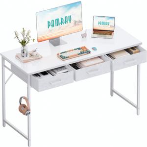 Pamray 47 Inch Small Computer Desk with 3 Drawers for Bedroom Study Writing Home Office Table for Small Spaces White