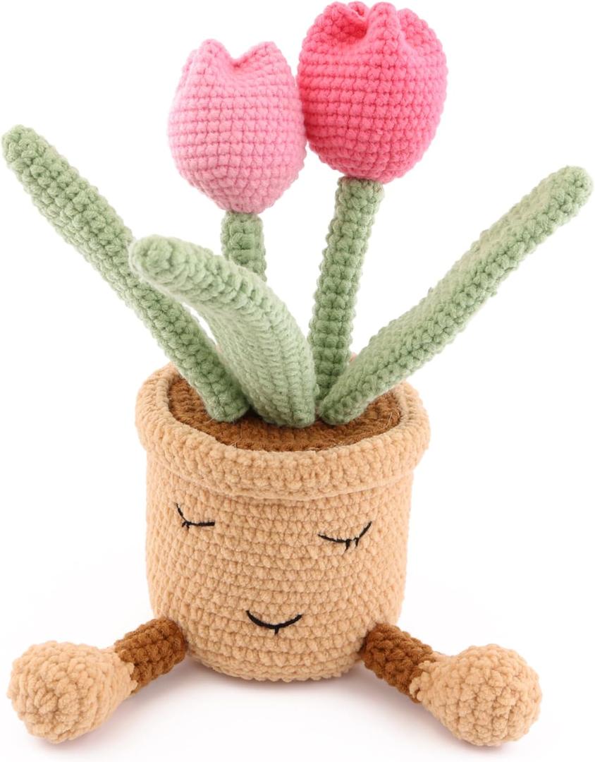 Hand Crocheted Tulip Bouquet Potted Plants, Knitted Artificial Flowers with Exquisite Flowerpots, Suitable for Gift Party Decoration, Shop Table Decoration for Family and Friends (Pink)